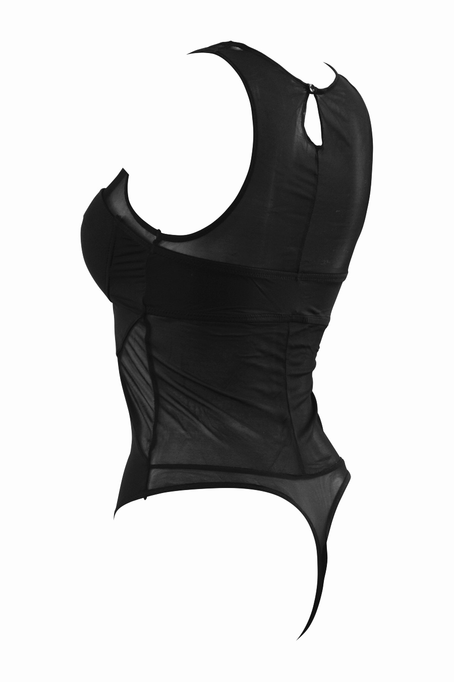 Musta string-bodysuit, jossa on topatut kupit